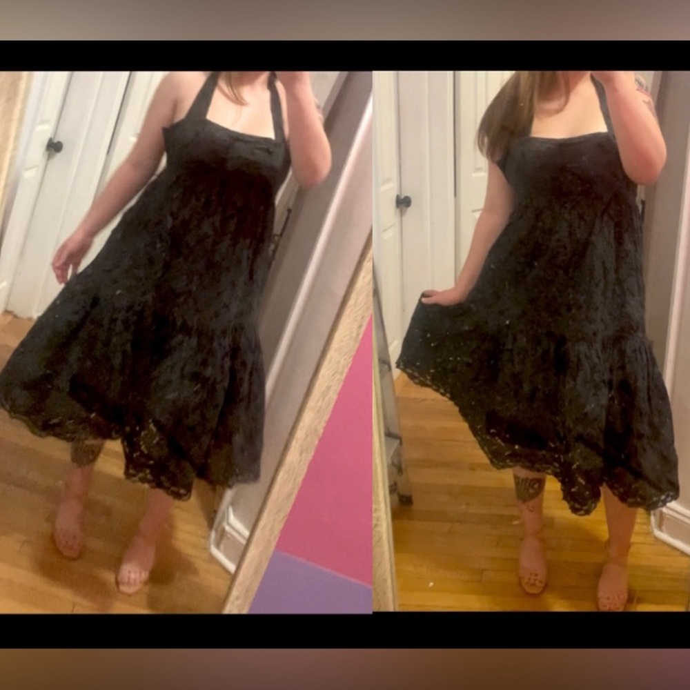 Boutique GIVENCHY black cotton midi halter dress with eyelet pattern